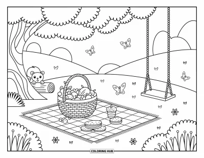 Coloriage de campagne pour adultes : Un pique-nique à l'ombre d'un arbre avec des en-cas, un écureuil, des collines ondulantes et des papillons qui voltigent