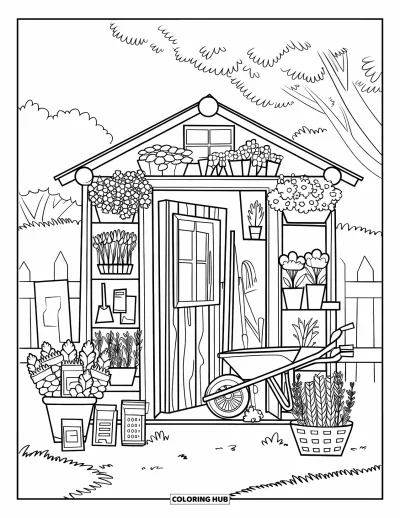 Coloriage de campagne pour adultes : Une remise remplie d'outils, de pots, d'herbes aromatiques et d'une porte à fenêtre