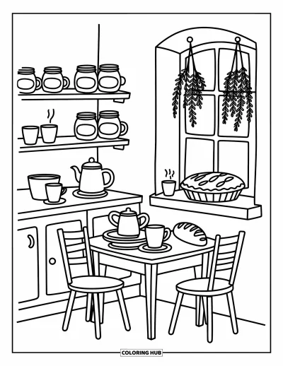 Coloriage de campagne pour adultes : Des tasses à thé et du pain sur une table avec des étagères de bocaux et une tarte à proximité