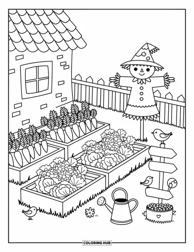 Coloriage de campagne pour adultes : Un potager à côté d'un cottage avec un épouvantail, des oiseaux et de petits panneaux