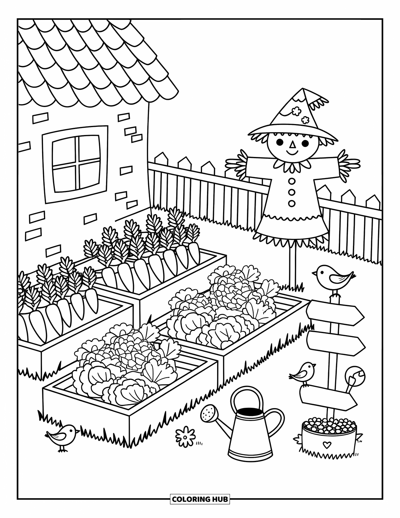 Country Coloring Page for Adults: Vegetable garden beside a cottage with a scarecrow, birds, and tiny signs