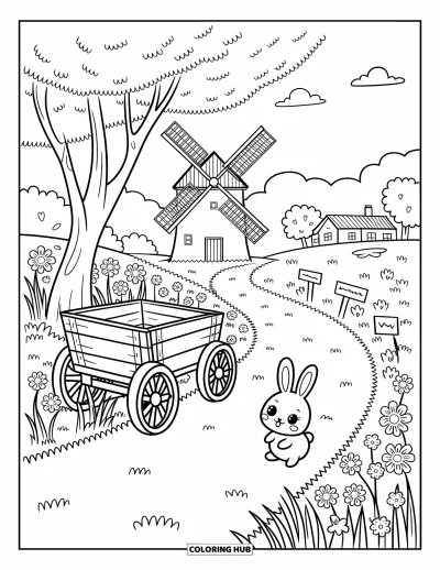 Coloriage de campagne pour adultes : Un chemin sinueux qui passe devant un moulin à vent, des lapins, une charrette et des panneaux vers le village