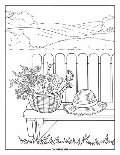 Coloriage de campagne pour adultes : Un banc en bois avec un panier de fleurs, des carottes et un chapeau de paille