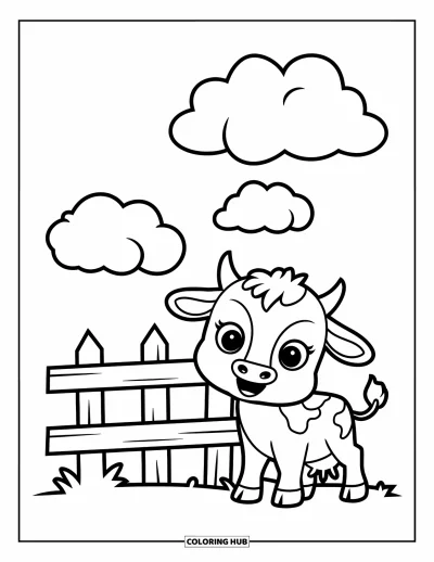 Coloriage de campagne pour enfants : Un veau à côté d'une clôture qui lève les yeux vers les nuages doux