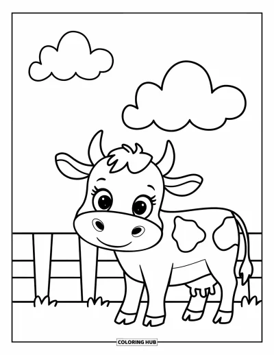 Coloriage de campagne pour enfants : Un veau debout à côté d'une clôture en bois sous des nuages duveteux