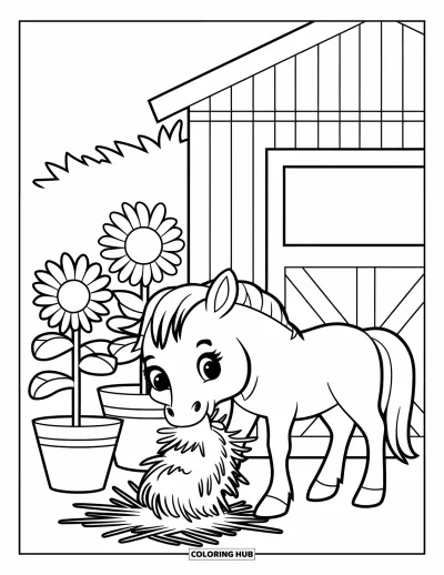 Coloriage de campagne pour enfants : Un poulain qui mange du foin à côté d'une grange ornée de tournesols et de plantes en pot