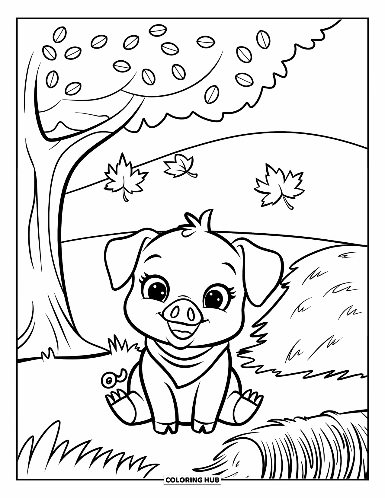 Country Coloring Page for Kids: Baby pig in a scarf sitting near a haystack under a leafy tree
