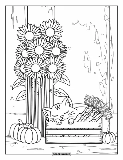 Coloriage de campagne pour enfants : Un chat de grange qui fait la sieste sur des citrouilles et des carottes à côté d'un mur de tournesols et d'une vieille grange