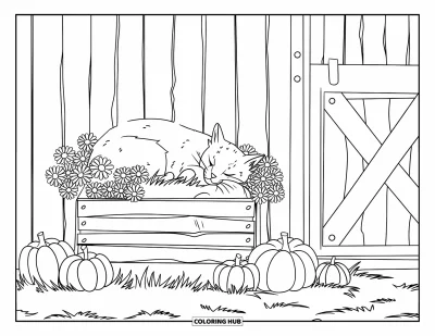 Coloriage de campagne pour enfants : Un chat de grange qui se repose dans une caisse avec des citrouilles et des soucis près d'une grange chaleureuse