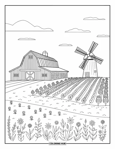 Coloriage de campagne pour enfants : Une grange, un moulin à vent et des cultures s'étendent dans un champ ensoleillé de fleurs sauvages