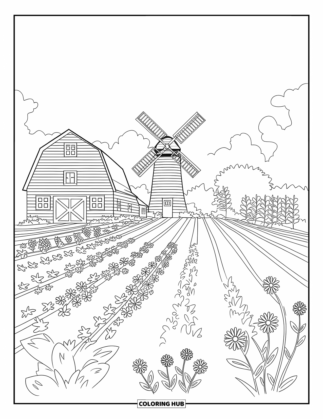 Country Coloring Page for Kids: Barn, windmill, crops, and wildflowers fill a wide countryside view