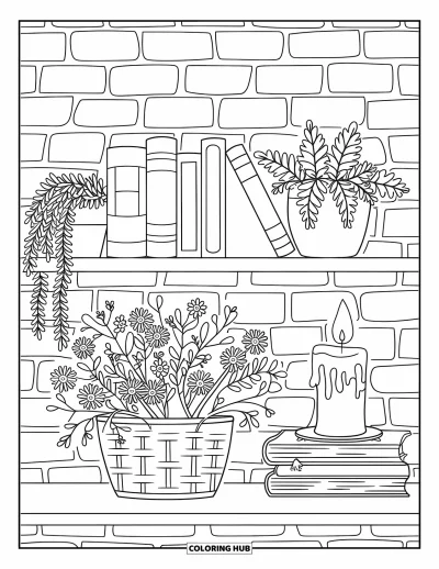 Coloriage de campagne pour enfants : Des livres, des plantes et une bougie chaleureuse sur une étagère contre un mur de briques