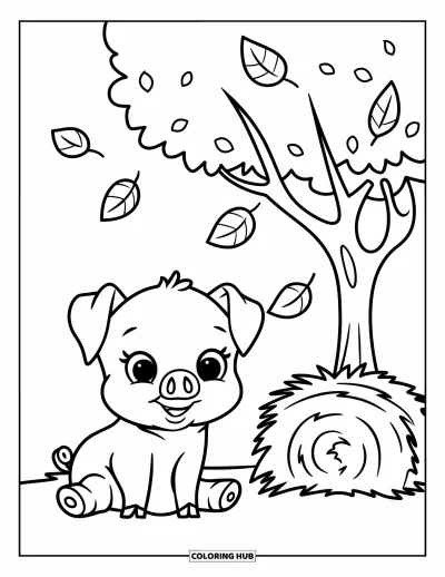 Coloriage de campagne pour enfants : Un joyeux porcelet qui se repose près d'une meule de foin et d'un arbre par un jour calme