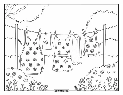 Coloriage de campagne pour enfants : Une corde à linge avec du linge fleuri et des tabliers sous un ciel serein et des arbres