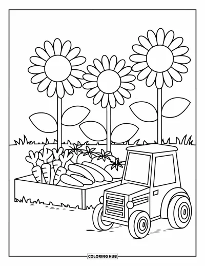Coloriage de campagne pour enfants : Un petit tracteur coloré garé près de tournesols et d'un potager