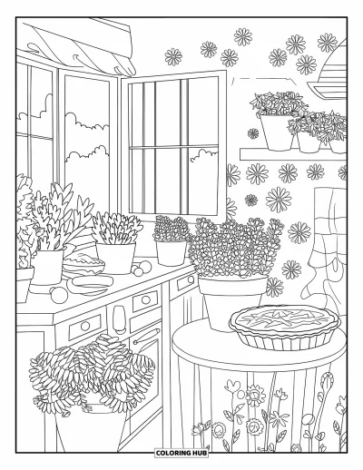 Coloriage de campagne pour enfants : Une cuisine campagnarde avec des herbes aromatiques, des fenêtres ouvertes et des motifs floraux partout