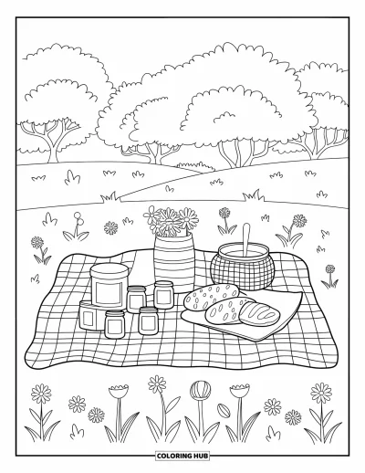 Coloriage de campagne pour enfants : Un pique-nique à la campagne avec une couverture à carreaux, des pots de confiture, du pain et des fleurs sauvages
