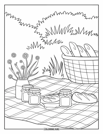 Coloriage de campagne pour enfants : Un pique-nique à la campagne avec du pain, de la confiture, des fleurs sauvages et de beaux paysages verdoyants