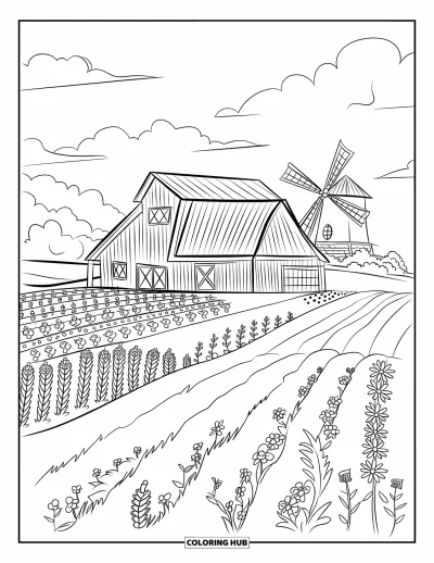 Coloriage de campagne pour enfants : Un paysage de campagne avec une grange, un moulin à vent, un champ fleuri et des rangées de cultures