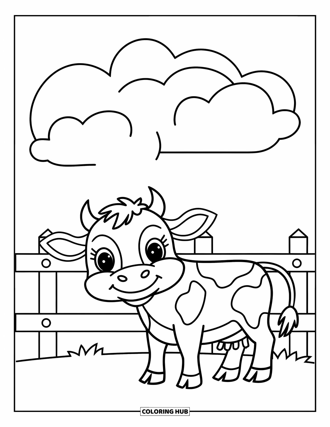 Country Coloring Page for Kids: Cute little cow by a fence with big clouds above