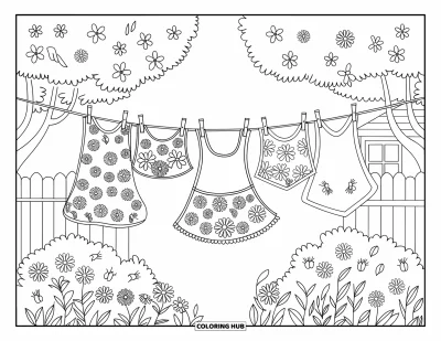 Coloriage de campagne pour enfants : Du linge fleuri suspendu entre des arbres avec des fleurs, des insectes, une clôture et une maison à proximité