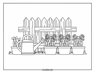 Coloriage de campagne pour enfants : Des pots de fleurs, des carottes et un arrosoir devant une vieille clôture en bois