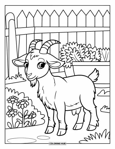 Coloriage de campagne pour enfants : Une chèvre à côté d'un massif de fleurs avec une palissade et des pots d'herbes aromatiques en arrière-plan