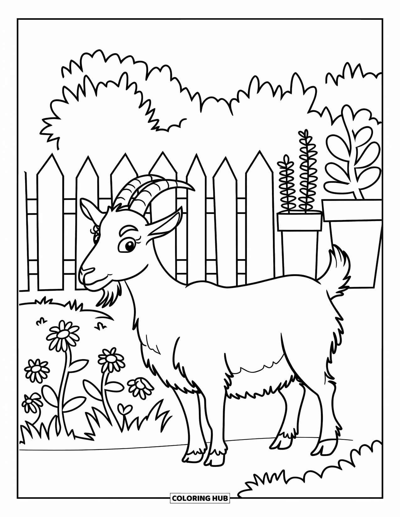 Country Coloring Page for Kids: Goat standing near flowers with a picket fence and potted herbs nearby