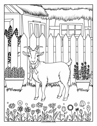 Coloriage de campagne pour enfants : Une chèvre avec un ruban près de fleurs, d'herbes aromatiques et d'un bâtiment au toit de chaume