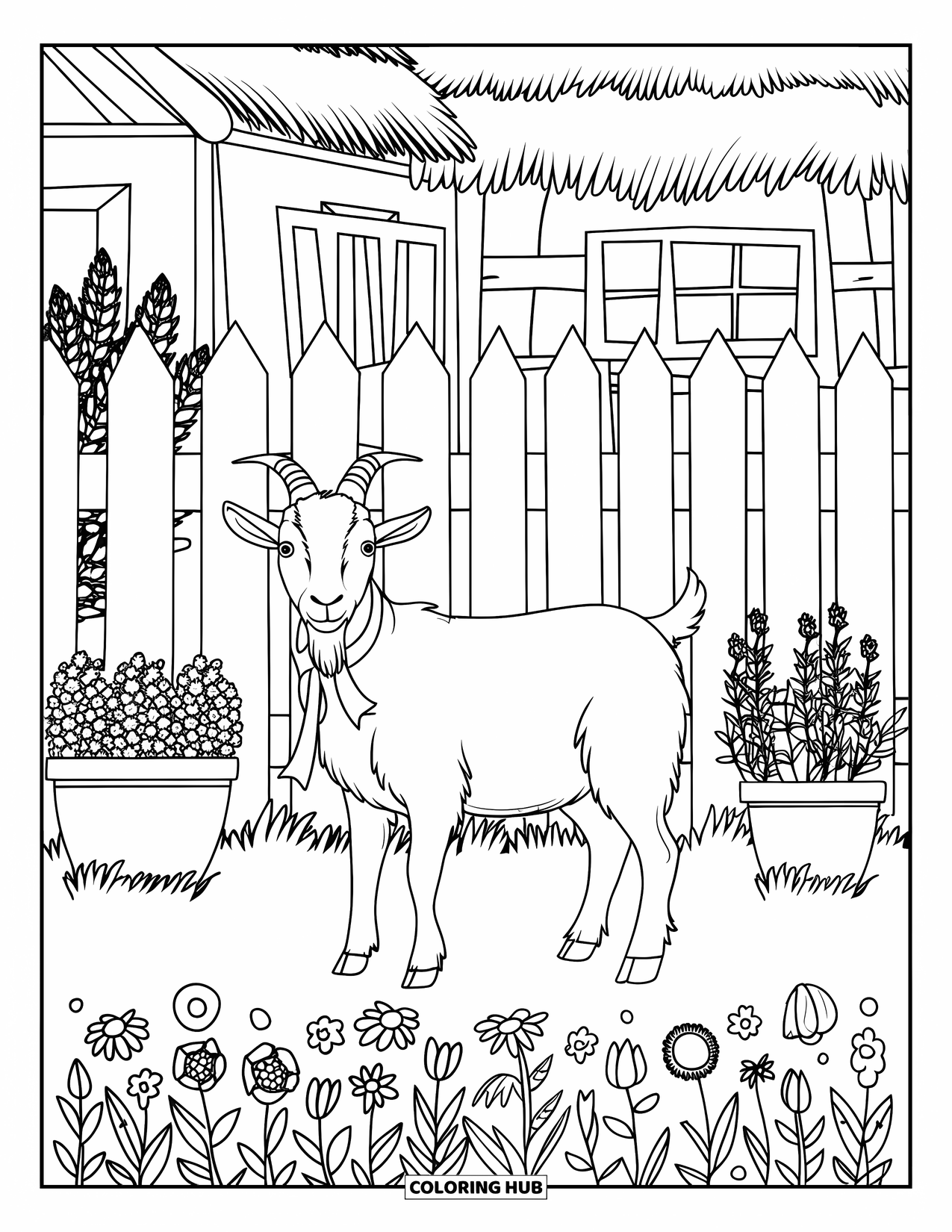 Country Coloring Page for Kids: Goat with a ribbon near flowers, herbs, and a thatched-roof building