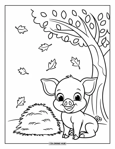 Coloriage de campagne pour enfants : Un heureux bébé cochon près d'une meule de foin sous un petit arbre avec des feuilles qui tombent doucement