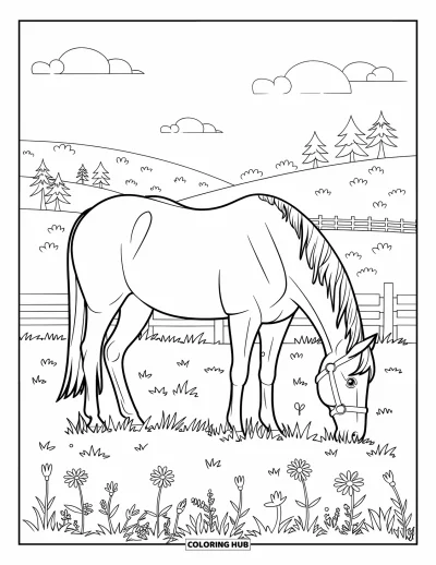 Coloriage de campagne pour enfants : Un cheval dans une prairie fleurie et colorée avec des arbres, des nuages et une clôture en bois