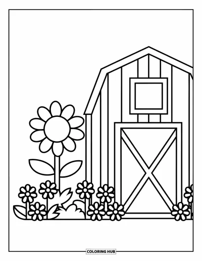 Coloriage de campagne pour enfants : Une petite grange avec un grand tournesol et un buisson de fleurs joyeuses