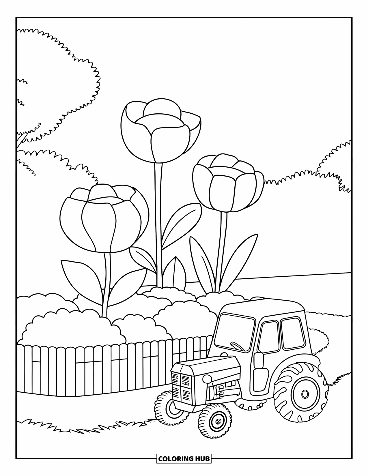 Country Coloring Page for Kids: Mini tractor parked near big flowers and a veggie patch