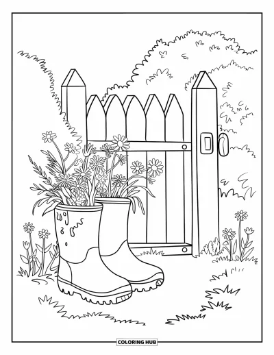 Coloriage de campagne pour enfants : Des bottes boueuses avec des fleurs près d'un portail de jardin dans un jardin verdoyant en pleine floraison