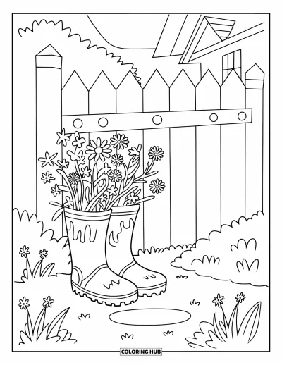 Coloriage de campagne pour enfants : Des bottes boueuses garnies de fleurs sauvages posées près d'un portail de jardin et d'une maison accueillante