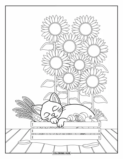 Coloriage de campagne pour enfants : Un chat de grange paisible qui somnole sur des carottes à côté de tournesols éclatants