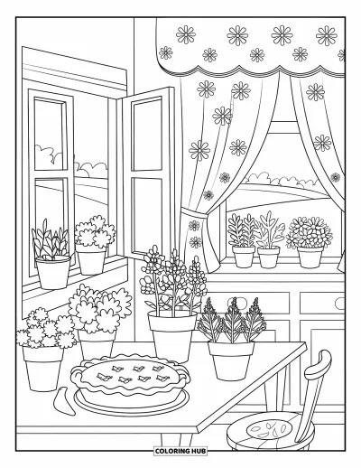 Coloriage de campagne pour enfants : Une tarte et des herbes sur une table de cuisine avec des murs à motifs floraux et une vue sur la campagne