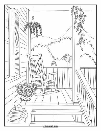 Coloriage de campagne pour enfants : Un rocking-chair et des fleurs sur un porche en bois avec des arbres et des montagnes en arrière-plan