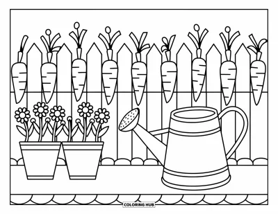 Coloriage de campagne pour enfants : Un coin jardin rustique avec un arrosoir, des pots de fleurs et des carottes près de la clôture