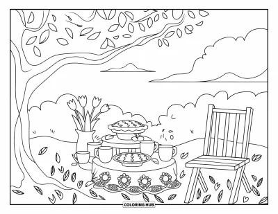 Coloriage de campagne pour enfants : Un coin thé rustique avec une chaise en bois, des tasses et des fleurs sous un ciel nuageux