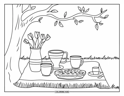 Coloriage de campagne pour enfants : Un coin thé rustique sous un arbre avec des tasses, une tarte et des tulipes sur l'herbe