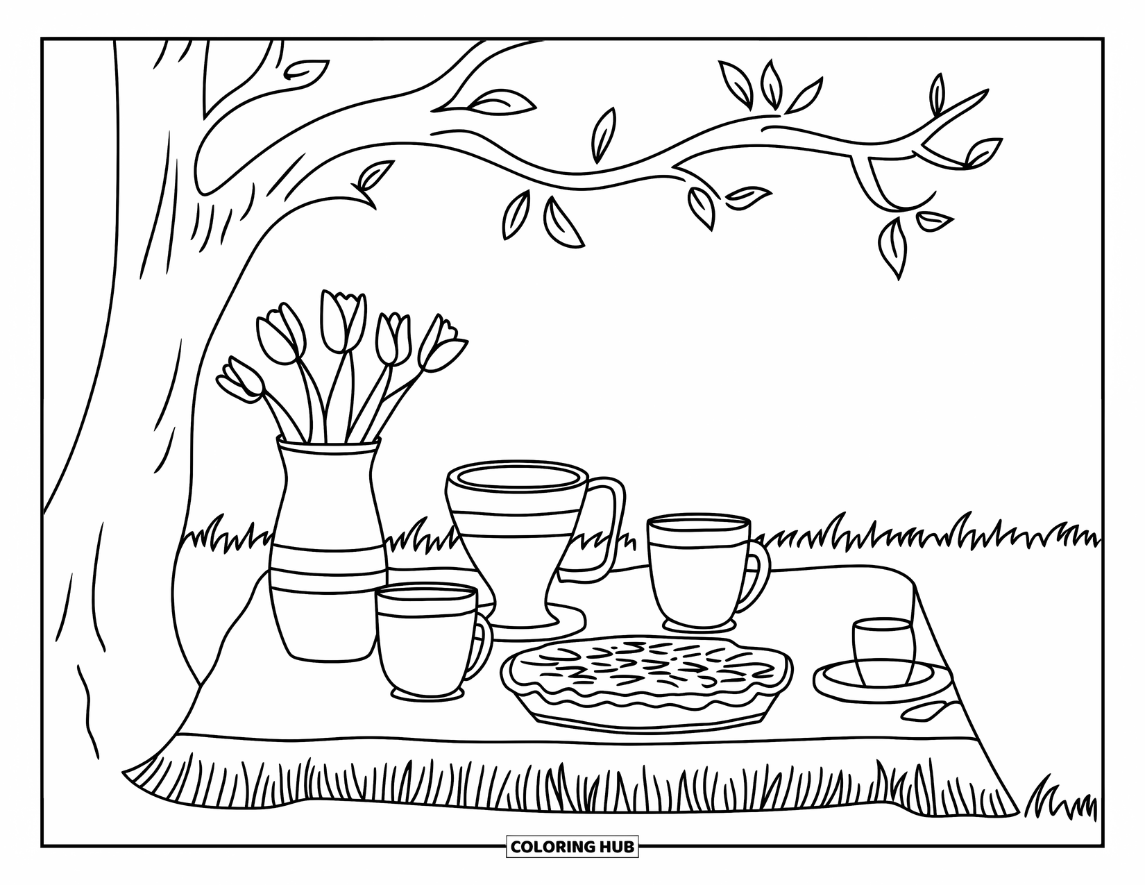 Country Coloring Page for Kids: Rustic tea setup under a tree with mugs, pie, and tulips on grassy ground