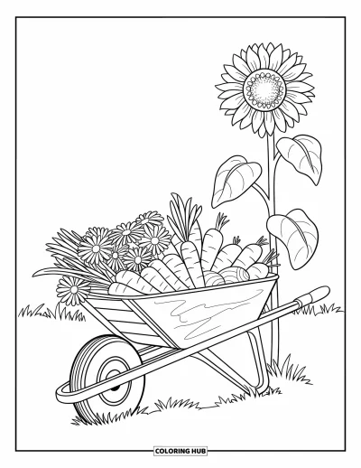 Coloriage de campagne pour enfants : Une brouette au manche rouillé avec des carottes et des fleurs dans un champ herbeux