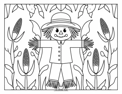 Coloriage de campagne pour enfants : Un épouvantail entouré de tiges de maïs dans un vaste champ ouvert