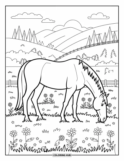 Coloriage de campagne pour enfants : Un cheval serein dans un champ fleuri avec des collines, des clôtures et un ciel dégagé