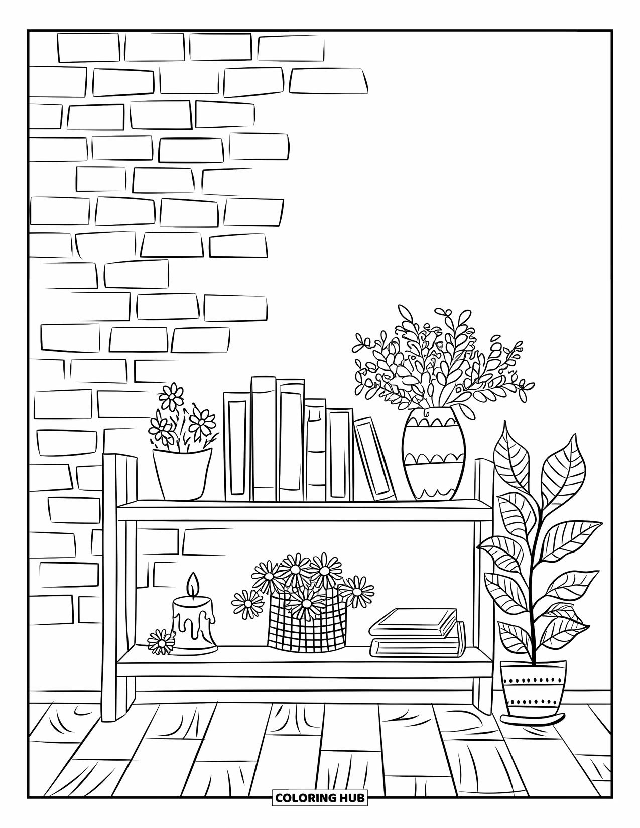 Country Coloring Page for Kids: Shelf filled with books, plants, dried flowers, and a cozy candle near a brick wall