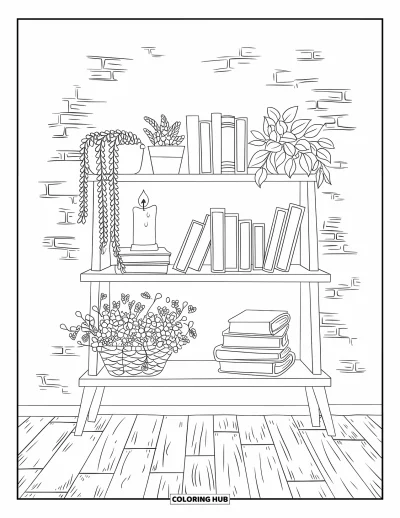 Coloriage de campagne pour enfants : Une étagère avec des livres et une bougie qui brille doucement sur un plancher en bois