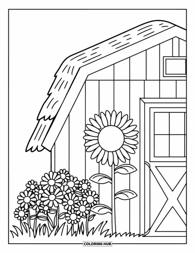 Coloriage de campagne pour enfants : Une petite grange avec un tournesol et un buisson fleuri devant