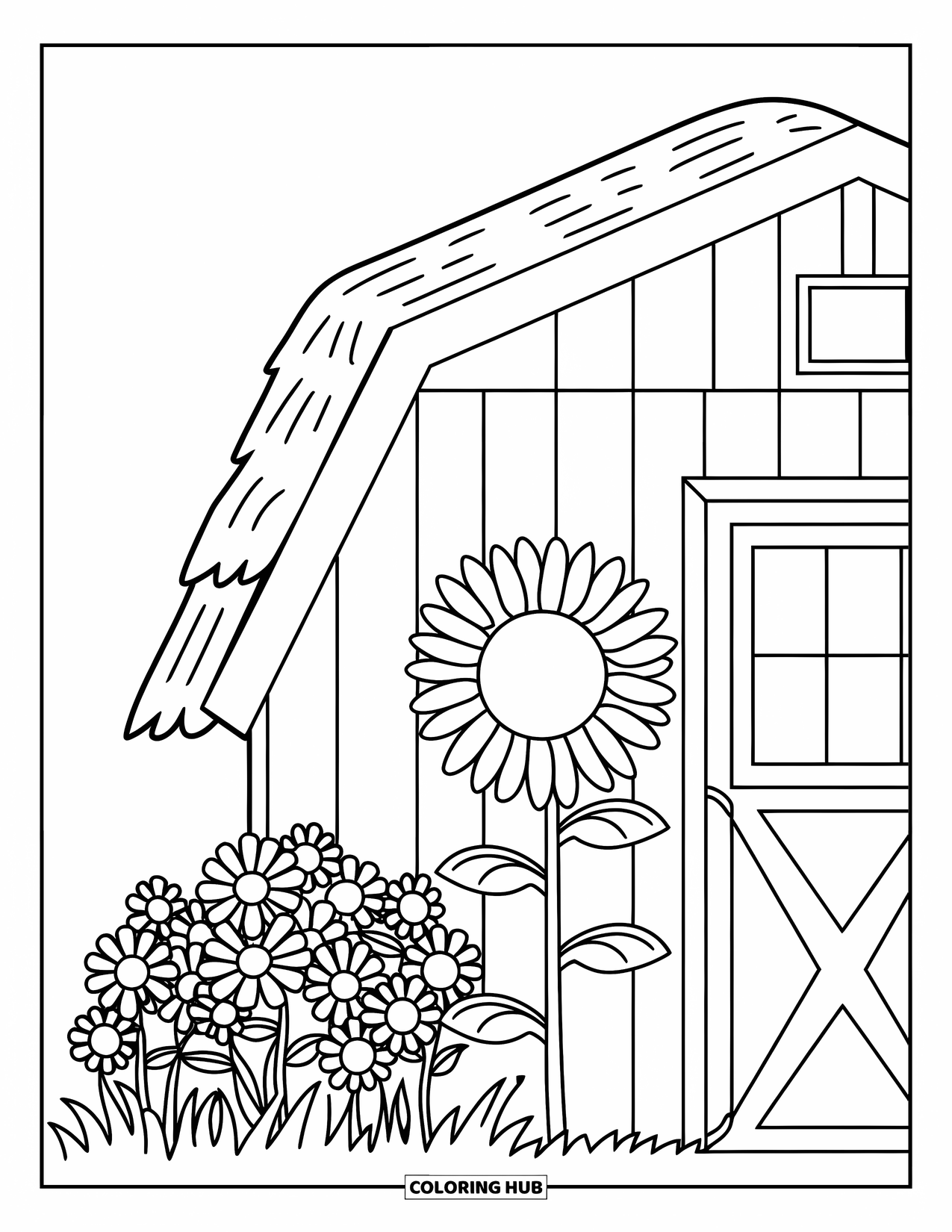 Country Coloring Page for Kids: Small barn with a sunflower and flower bush in front